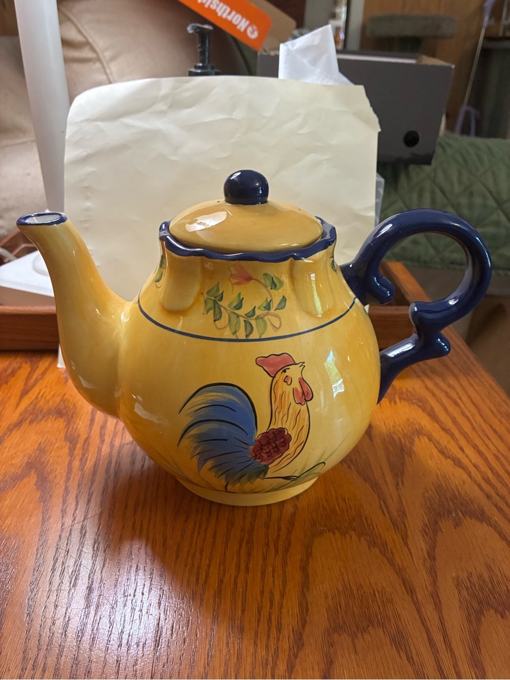 Cracker Barrel Yellow and Blue Rooster Ceramic Teapot